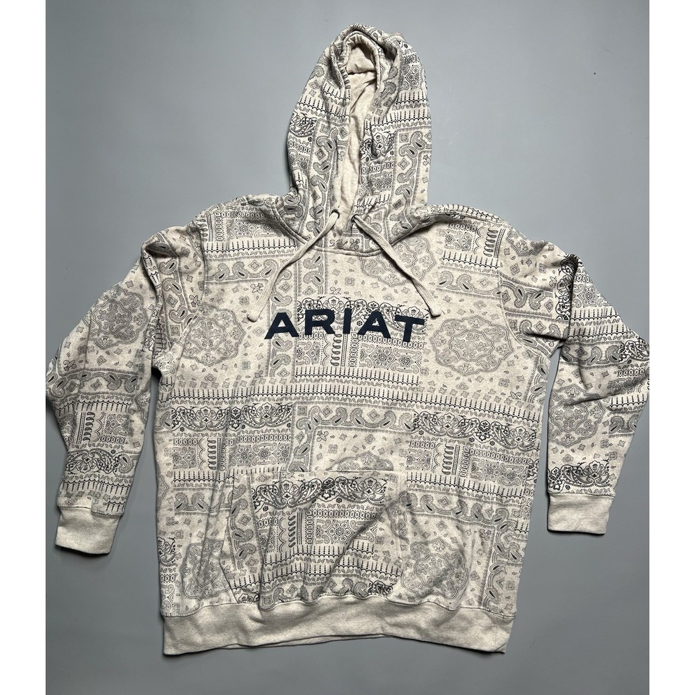 Ariat Real Women's Pullover Fleece Hoodie XL Beige Paisley Graphic Pockets